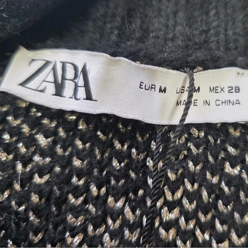 Zara‎ Black Metallic Floral Knit Cartigan Sweater Size M Gold Button Front